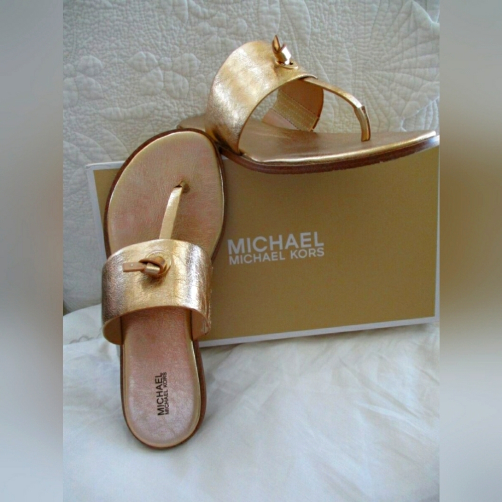 NEW Michael Kors MK Cindy Gold Leather Sandals Slide Sz 9